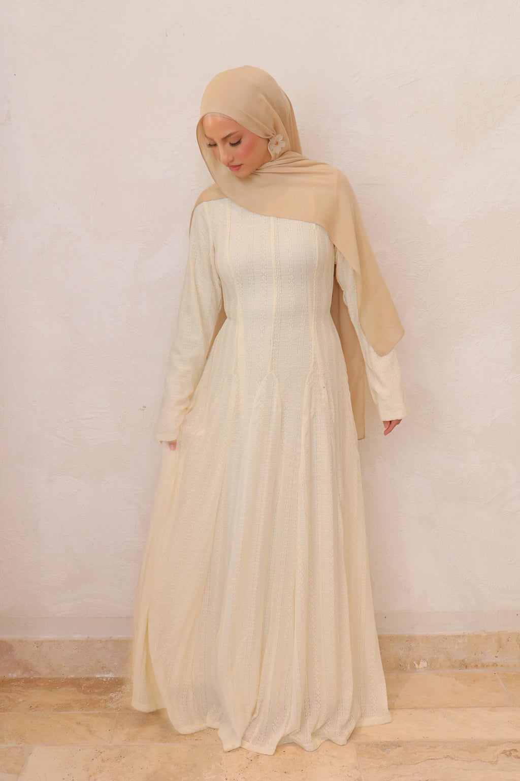 Salima Vertical-Textured Ribbed Gown-Beige