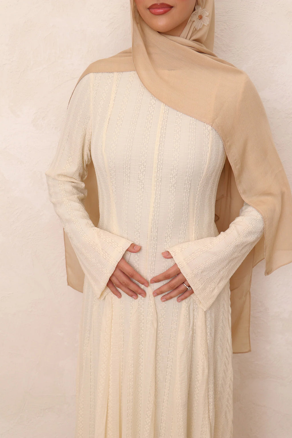 Salima Vertical-Textured Ribbed Gown-Beige