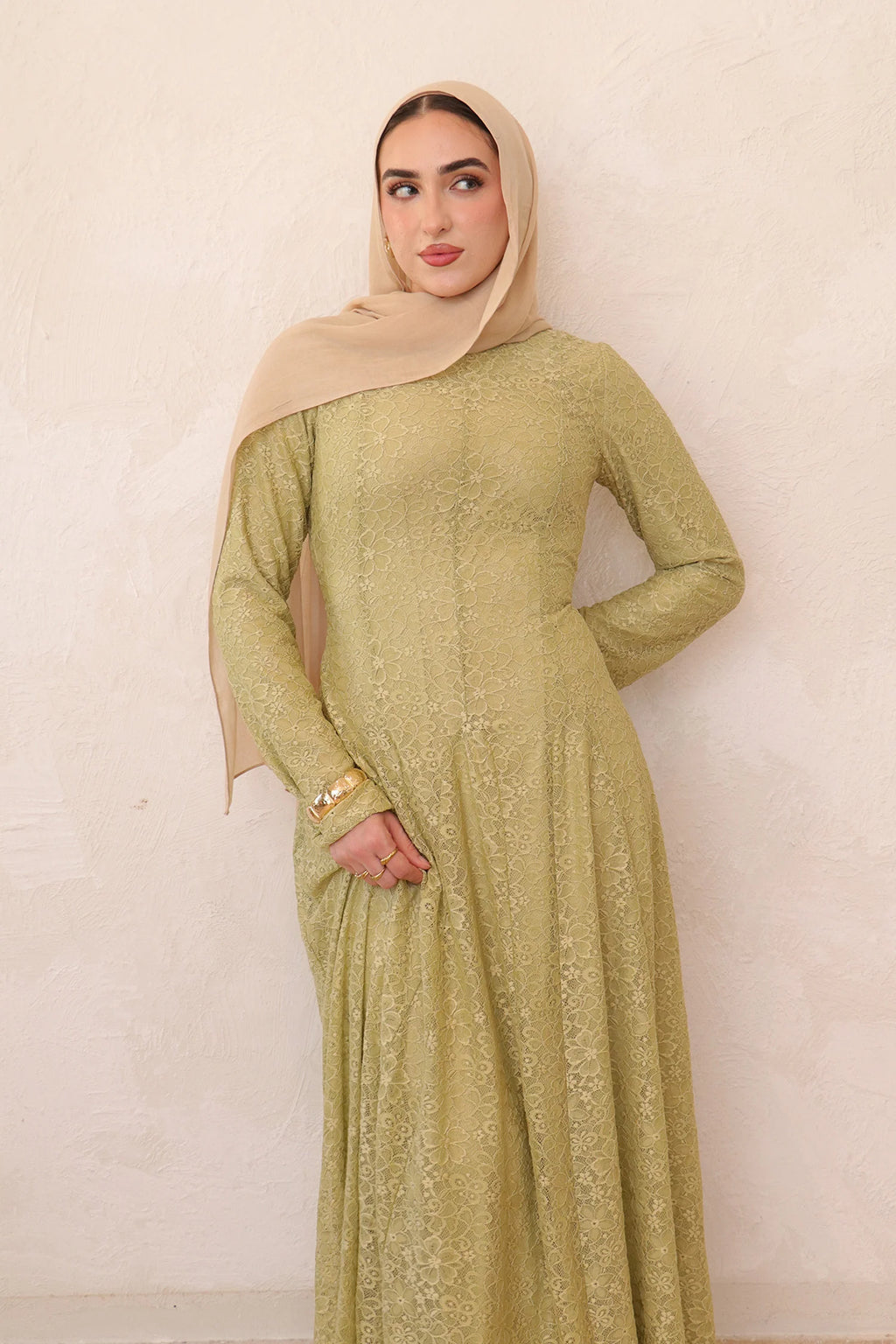 Salima Vertical-Textured Ribbed Gown-Green
