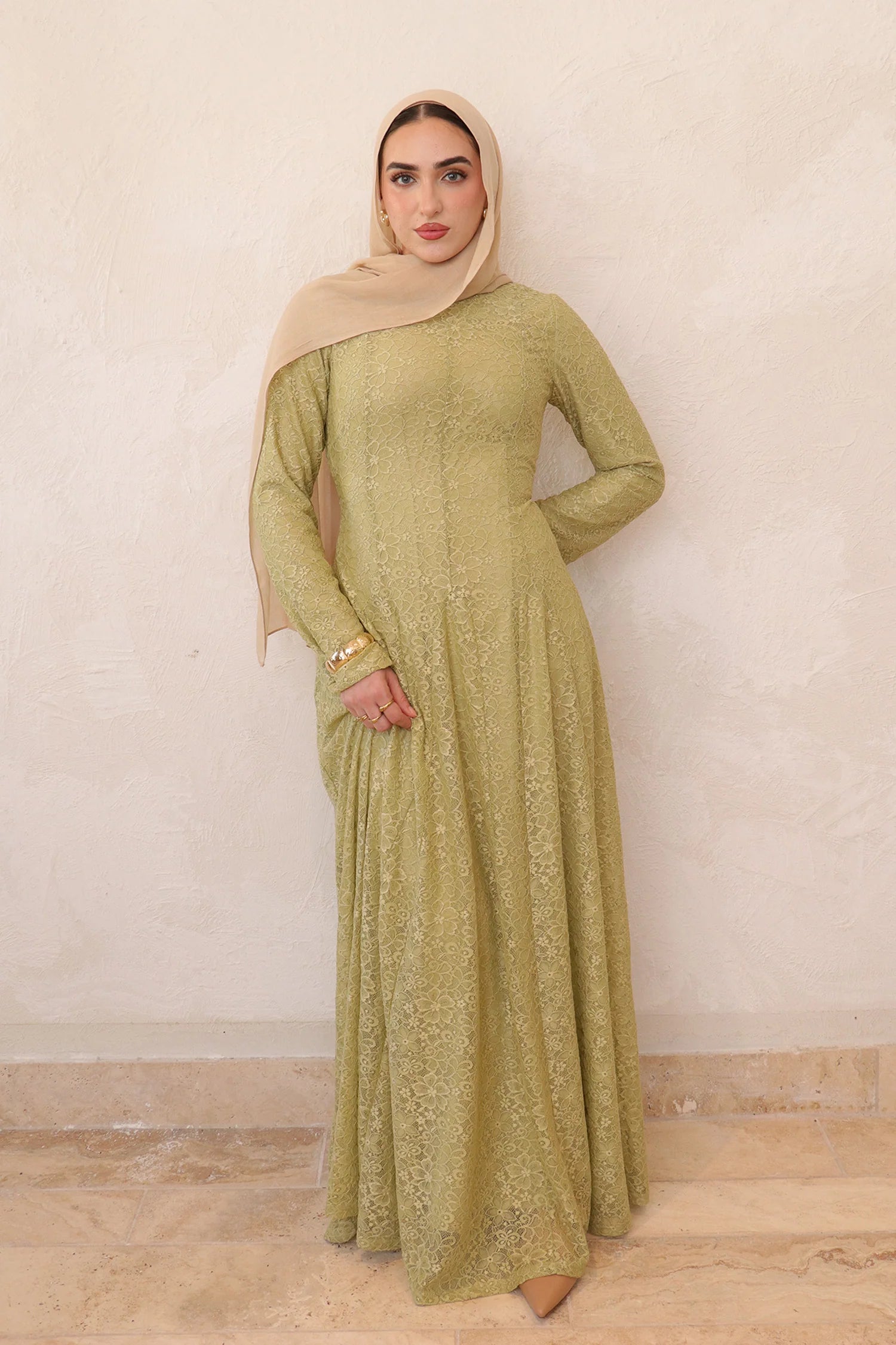 Salima Vertical-Textured Ribbed Gown-Green