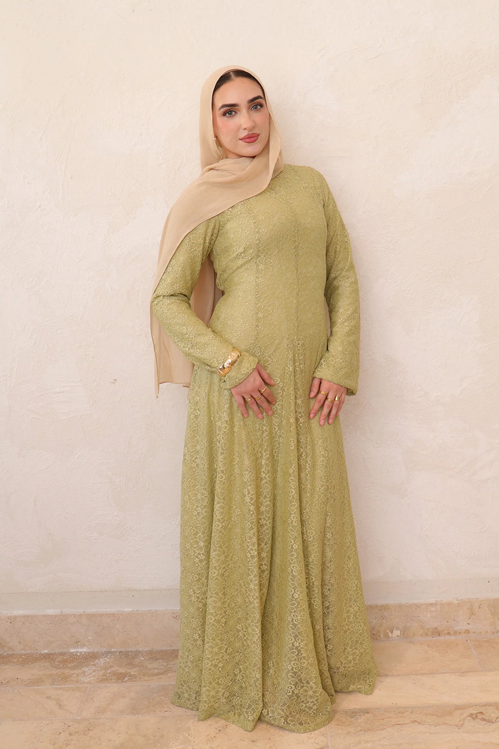 Salima Vertical-Textured Ribbed Gown-Green