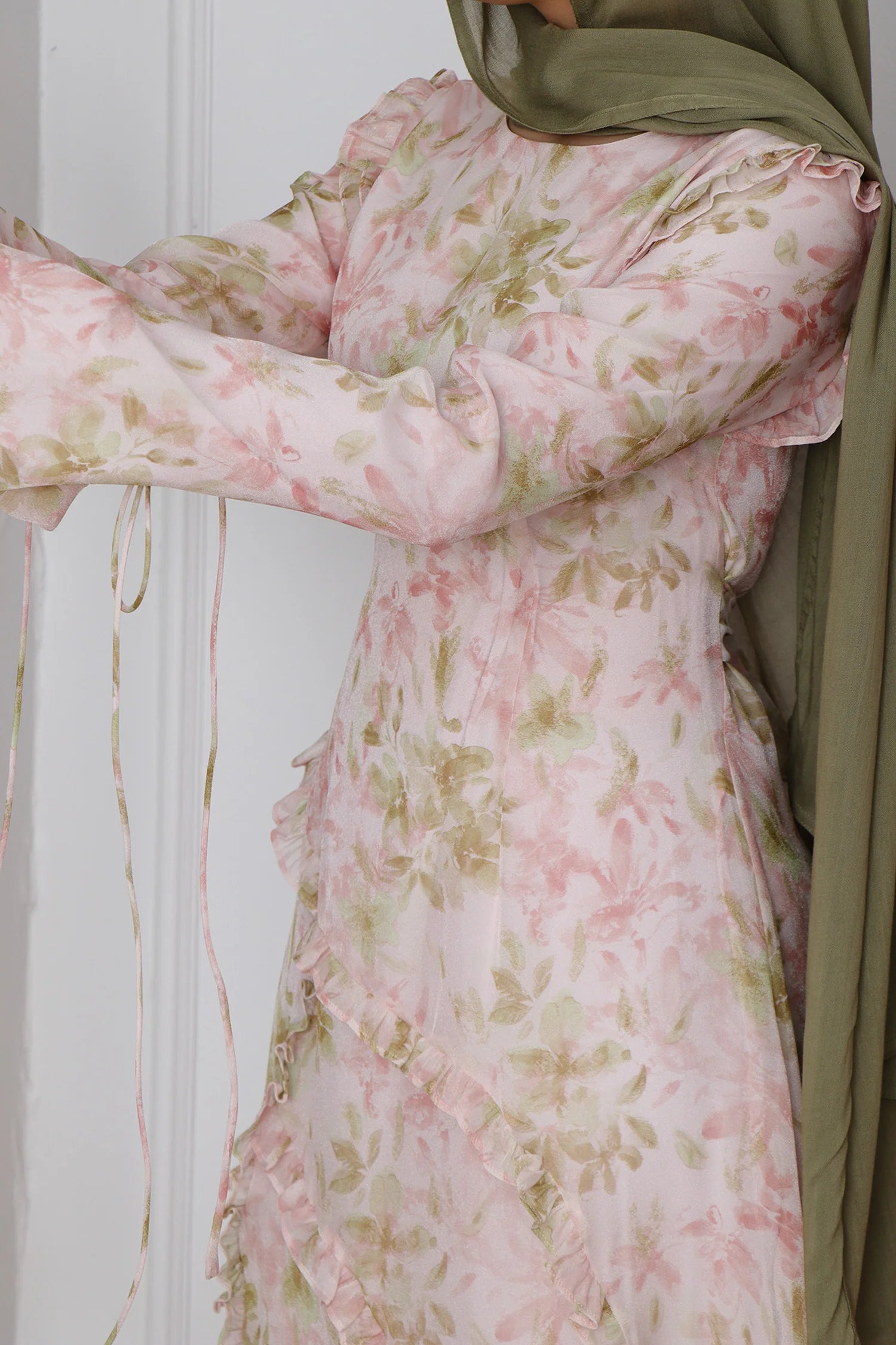 Fara Asymmetric Ruffle-Trim Impressionist Floral Maxi
