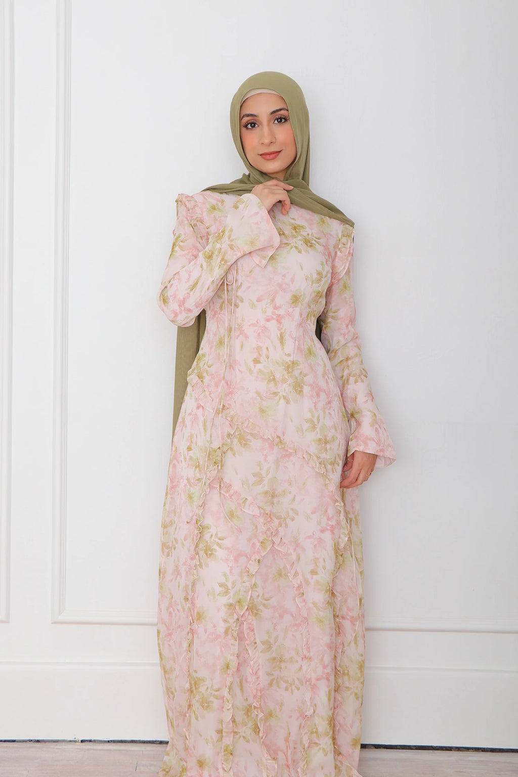 Fara Asymmetric Ruffle-Trim Impressionist Floral Maxi