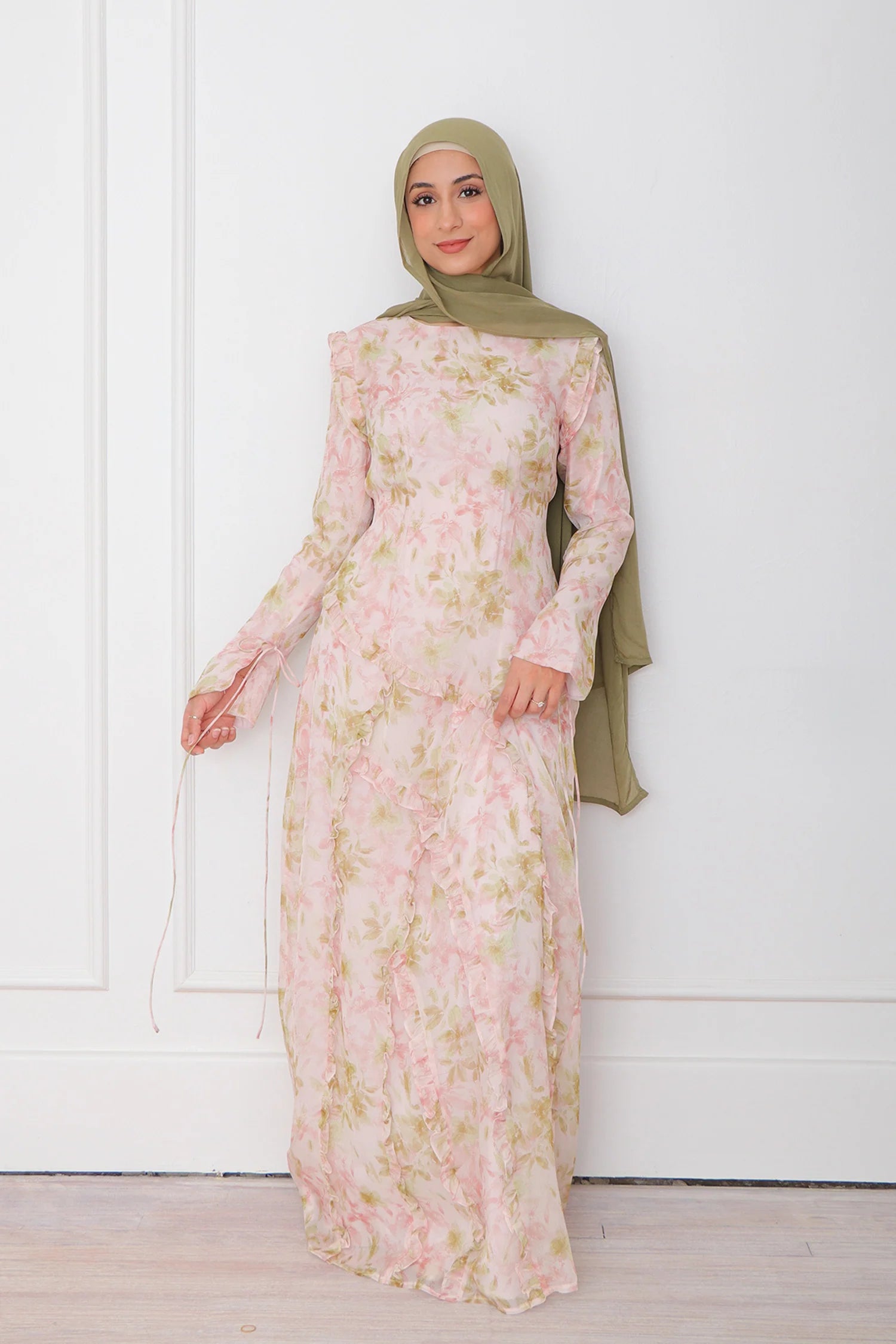 Fara Asymmetric Ruffle-Trim Impressionist Floral Maxi