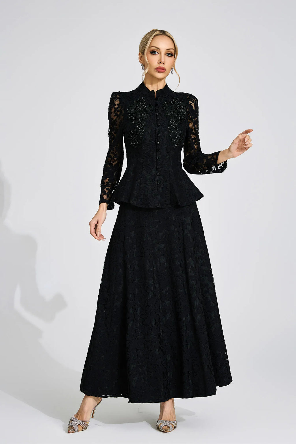 Vera Beaded Lace Peplum Two Piece Suit