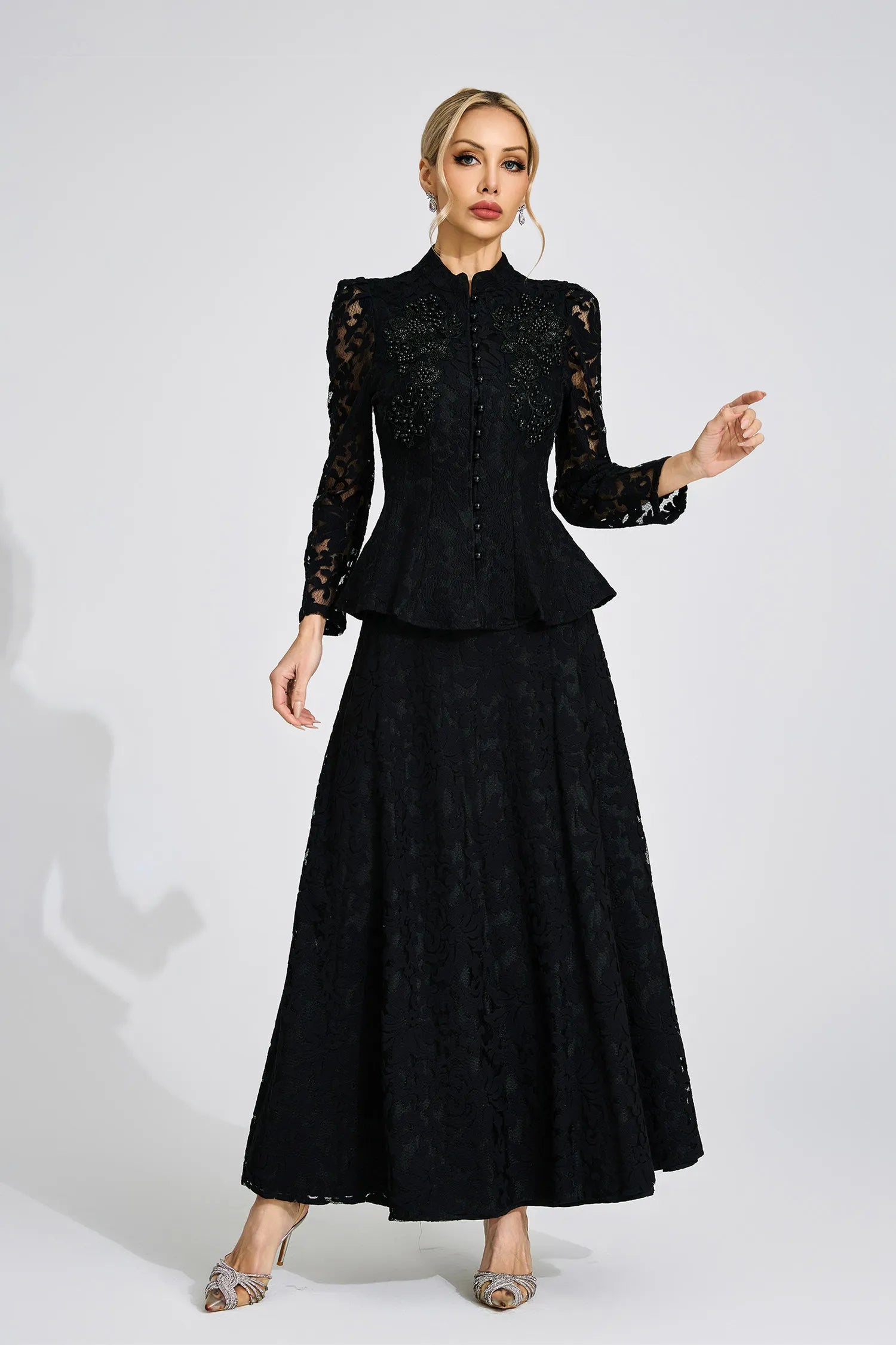 Vera Beaded Lace Peplum Two Piece Suit