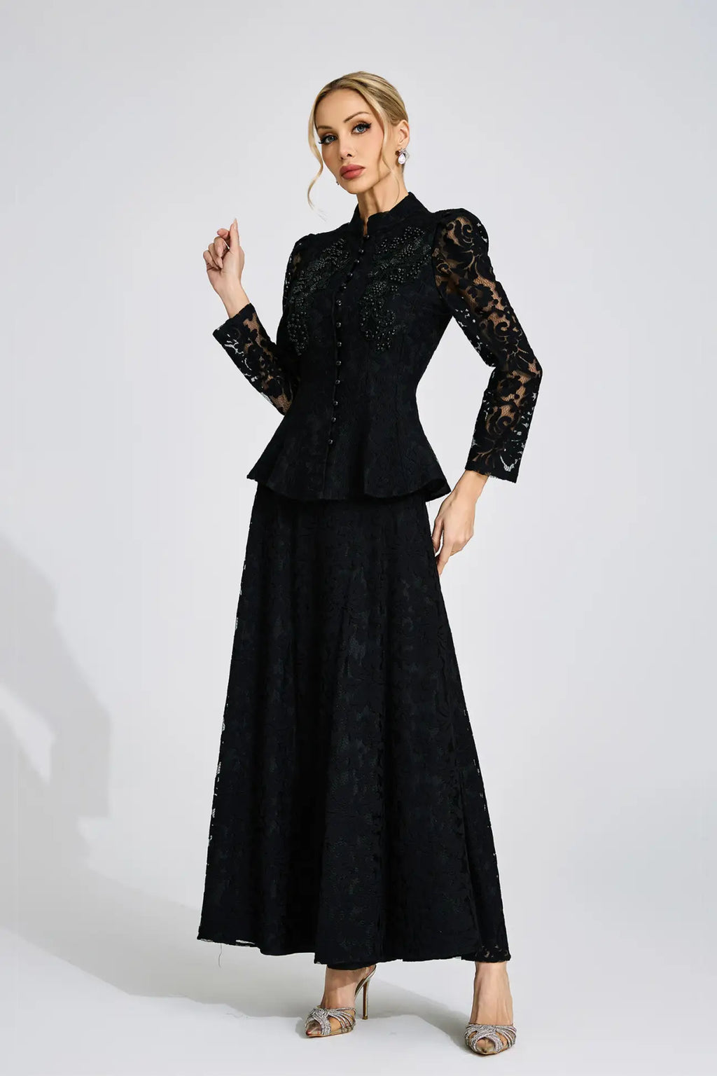 Vera Beaded Lace Peplum Two Piece Suit