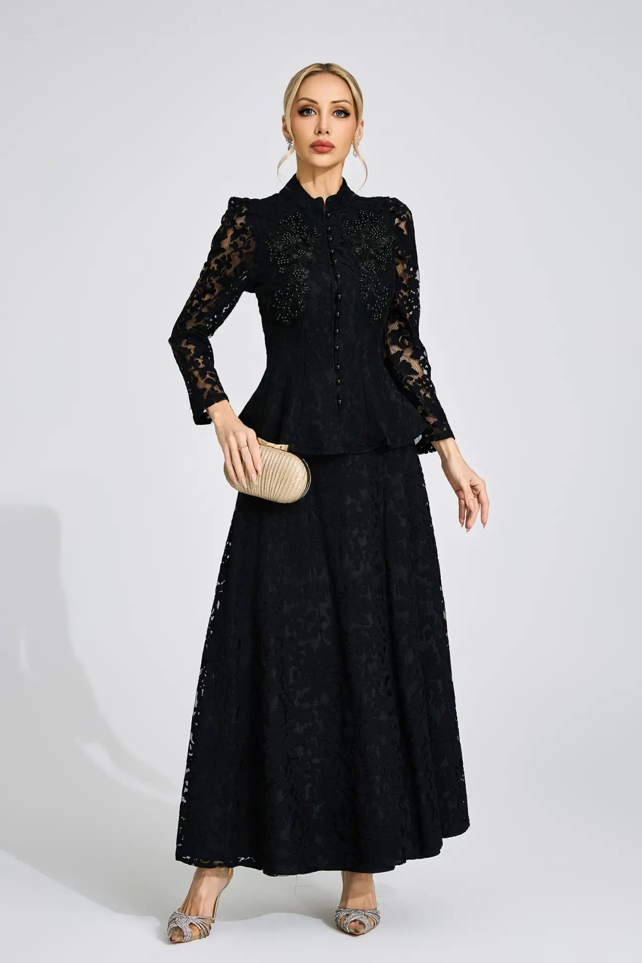 Vera Beaded Lace Peplum Two Piece Suit