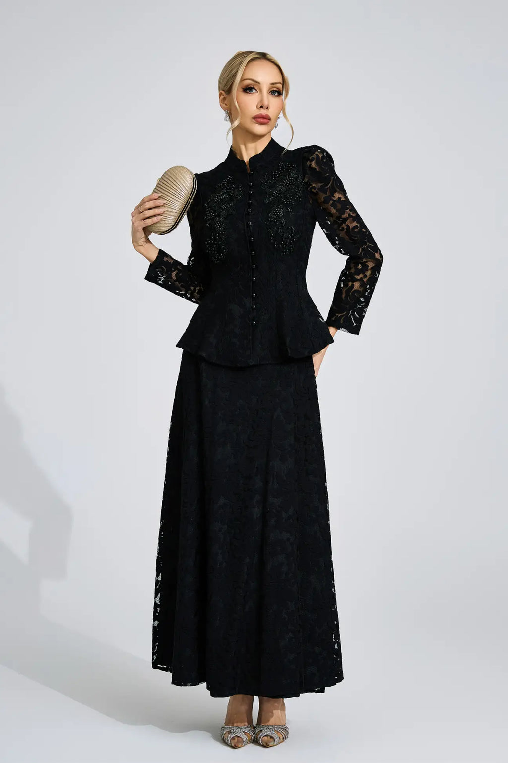 Vera Beaded Lace Peplum Two Piece Suit