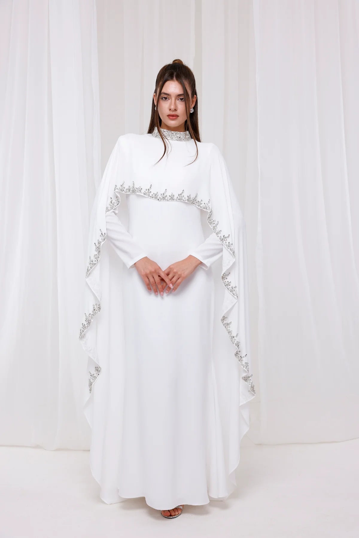 Ethereal Cape-Style Maxi Dress with Crystal and Bead Embroidery