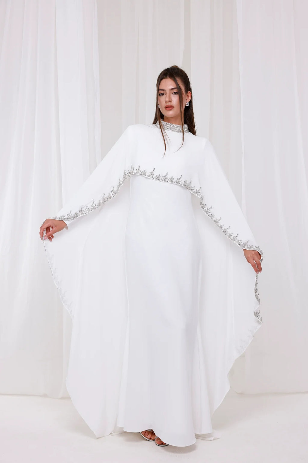 Ethereal Cape-Style Maxi Dress with Crystal and Bead Embroidery