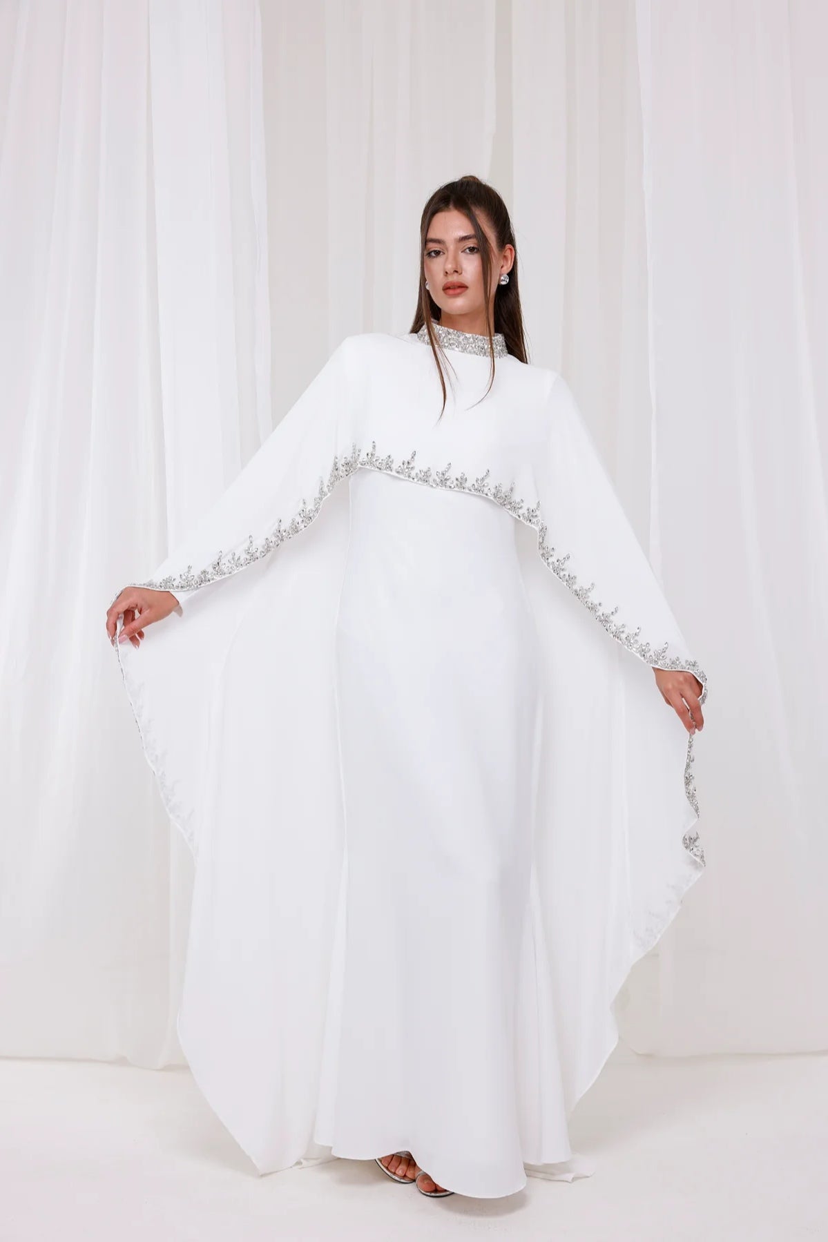 Ethereal Cape-Style Maxi Dress with Crystal and Bead Embroidery