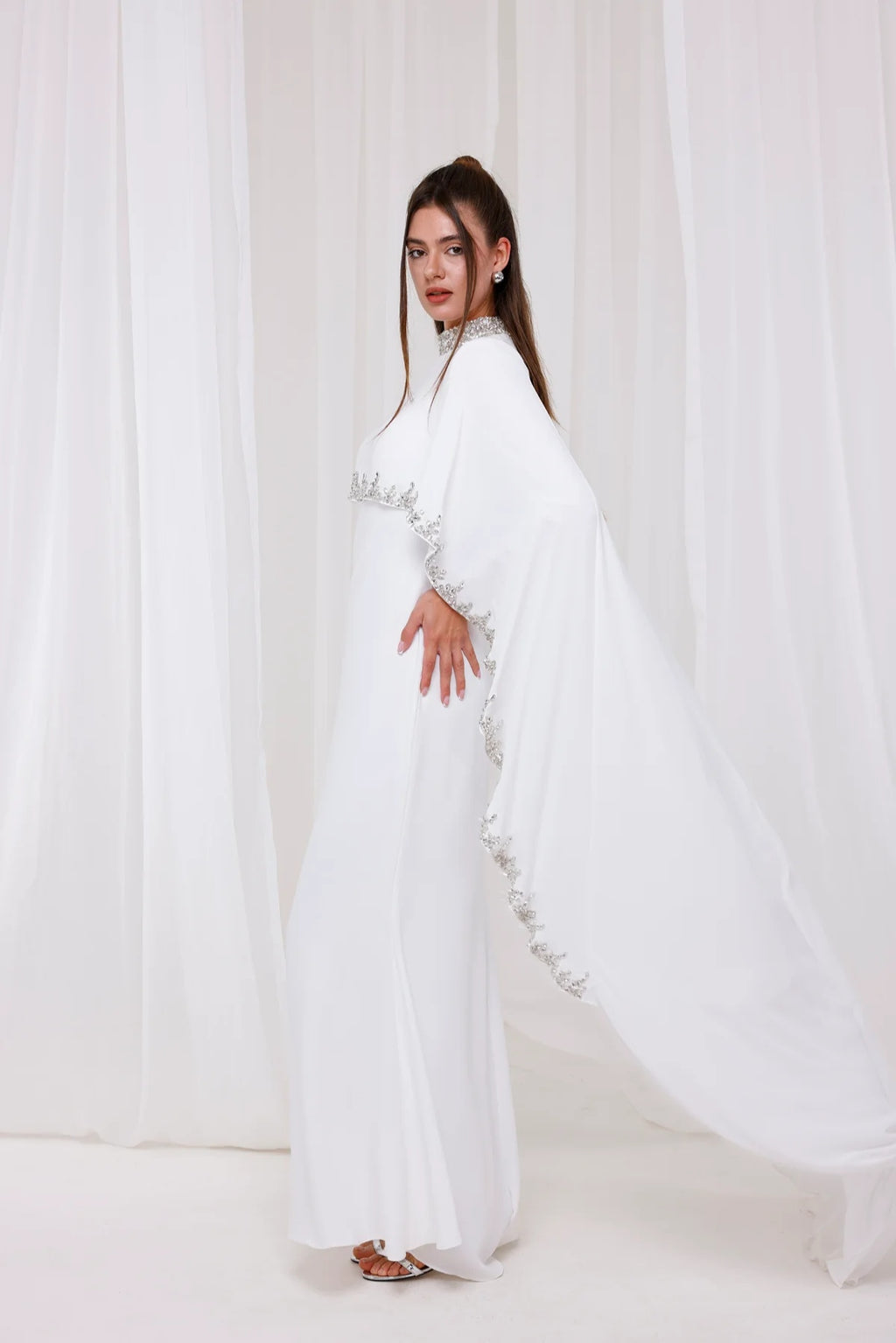 Ethereal Cape-Style Maxi Dress with Crystal and Bead Embroidery