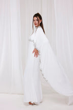 Ethereal Cape-Style Maxi Dress with Crystal and Bead Embroidery