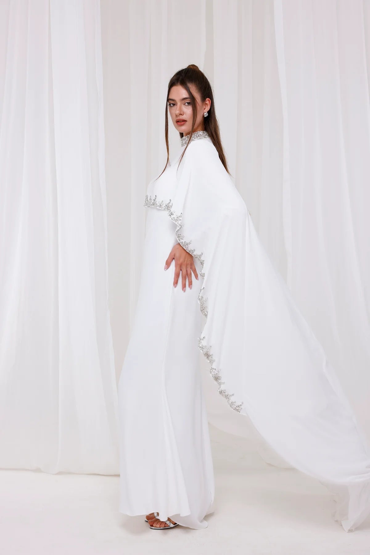 Ethereal Cape-Style Maxi Dress with Crystal and Bead Embroidery