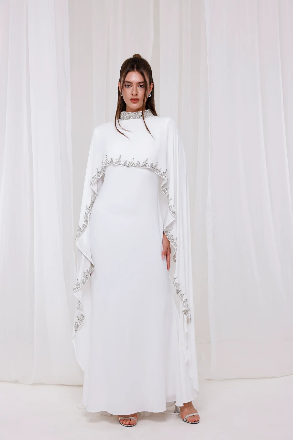 Ethereal Cape-Style Maxi Dress with Crystal and Bead Embroidery