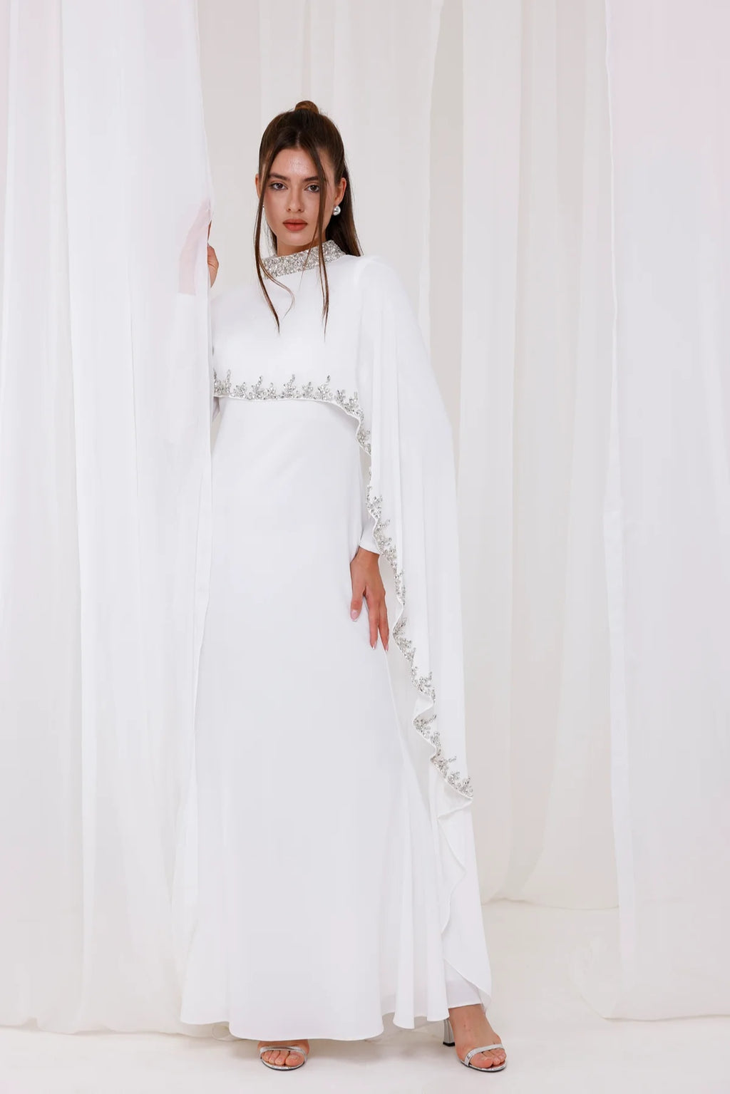 Ethereal Cape-Style Maxi Dress with Crystal and Bead Embroidery