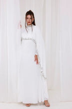 Ethereal Cape-Style Maxi Dress with Crystal and Bead Embroidery