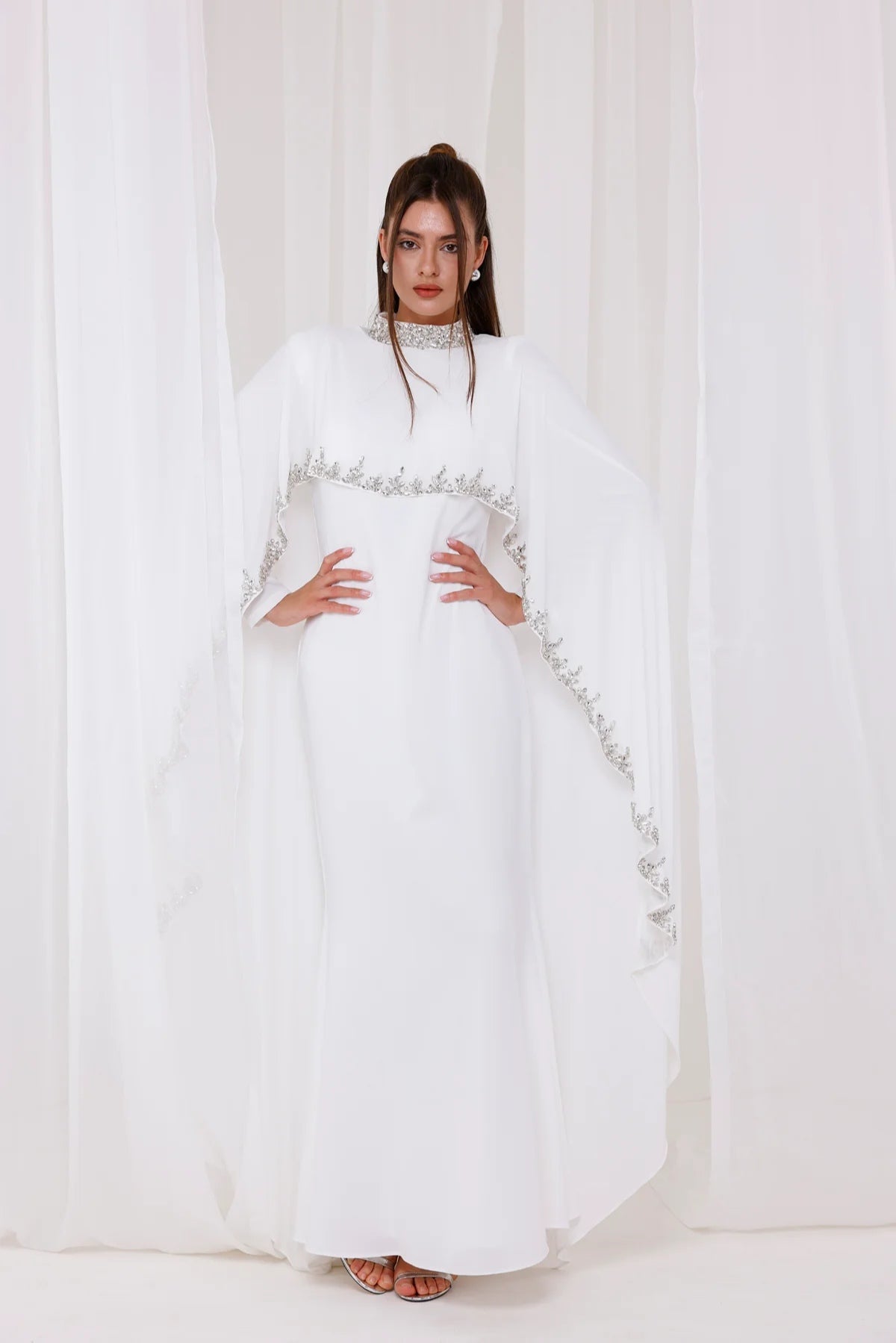 Ethereal Cape-Style Maxi Dress with Crystal and Bead Embroidery