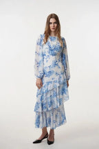 Sylvia Blue Floral Asymmetrical Ruffle Midi