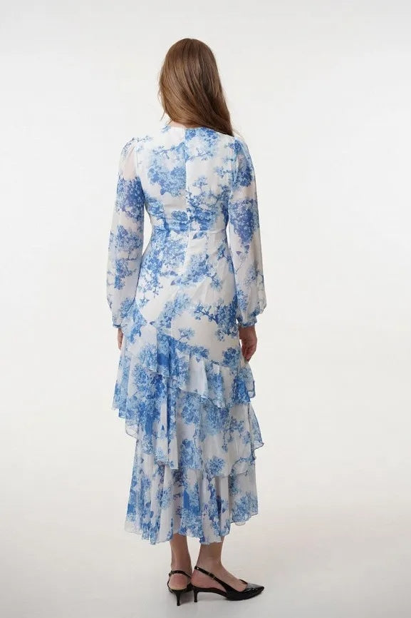 Sylvia Blue Floral Asymmetrical Ruffle Midi
