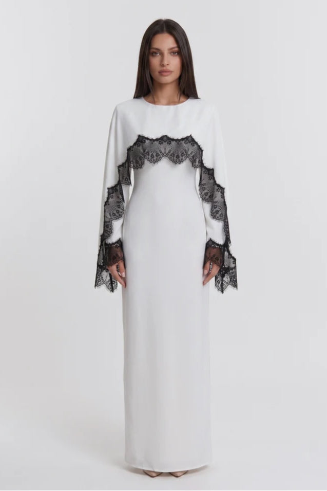 Lace-Trimmed Cape Overlay Modest Maxi Dress-White