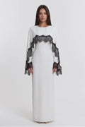 Lace-Trimmed Cape Overlay Modest Maxi Dress-White