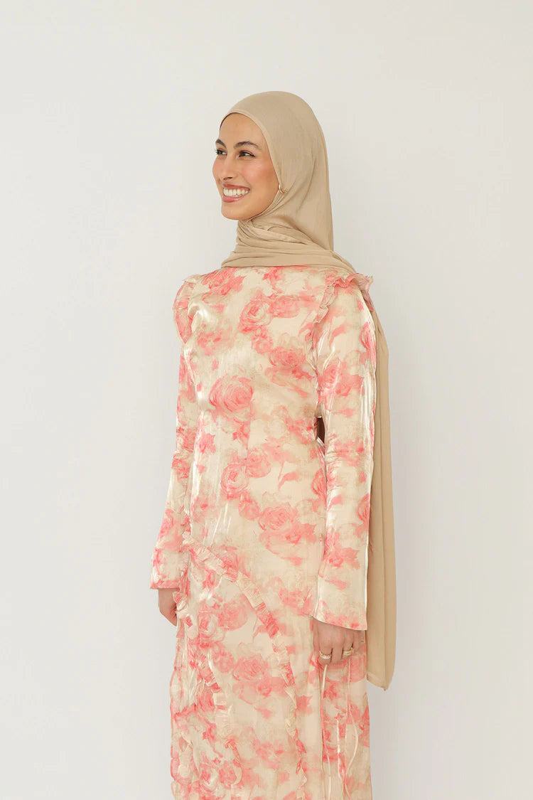 Salma Asymmetric Ruffle-Trim Floral Maxi-Pink