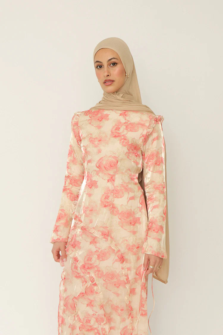 Salma Asymmetric Ruffle-Trim Floral Maxi-Pink