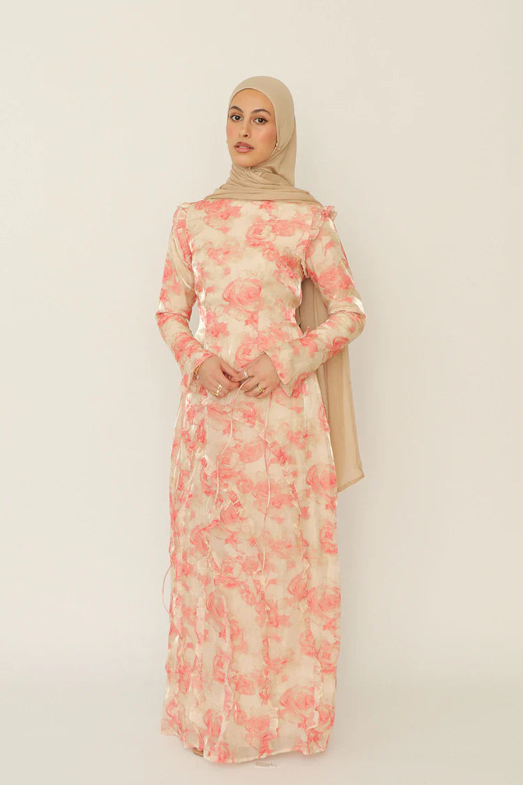 Salma Asymmetric Ruffle-Trim Floral Maxi-Pink
