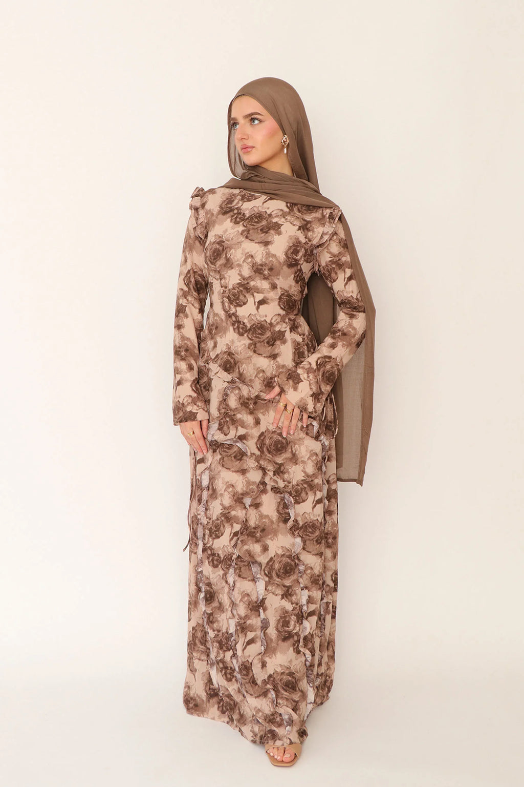 Salma Asymmetric Ruffle-Trim Floral Maxi-Coffee