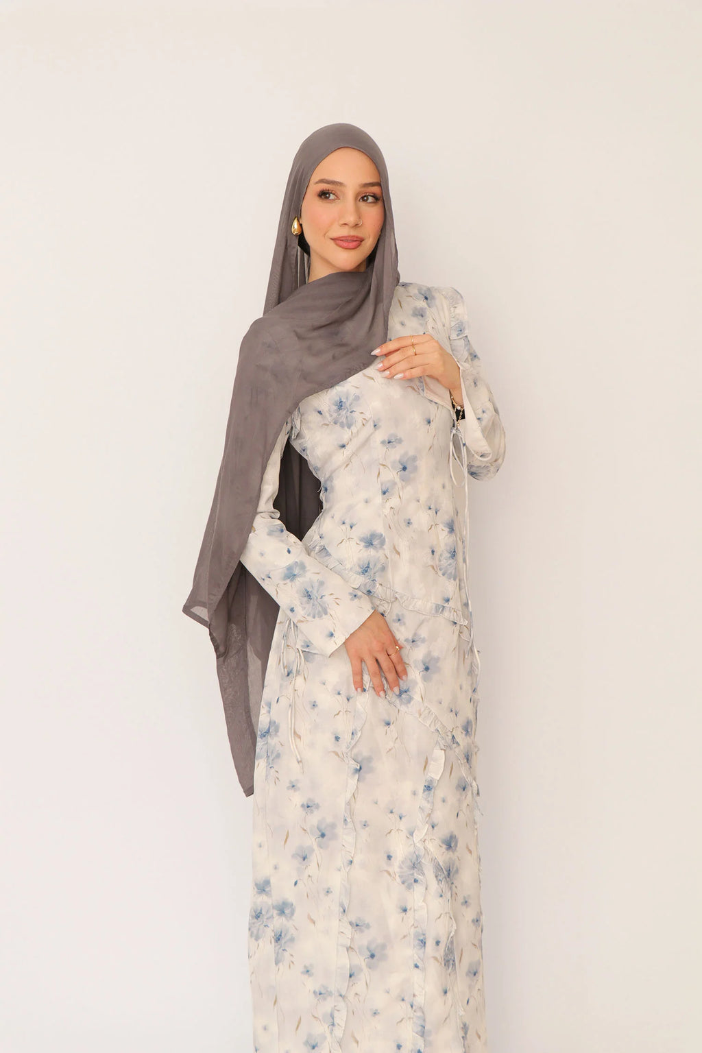 Salma Asymmetric Ruffle-Trim Floral Maxi-Blue