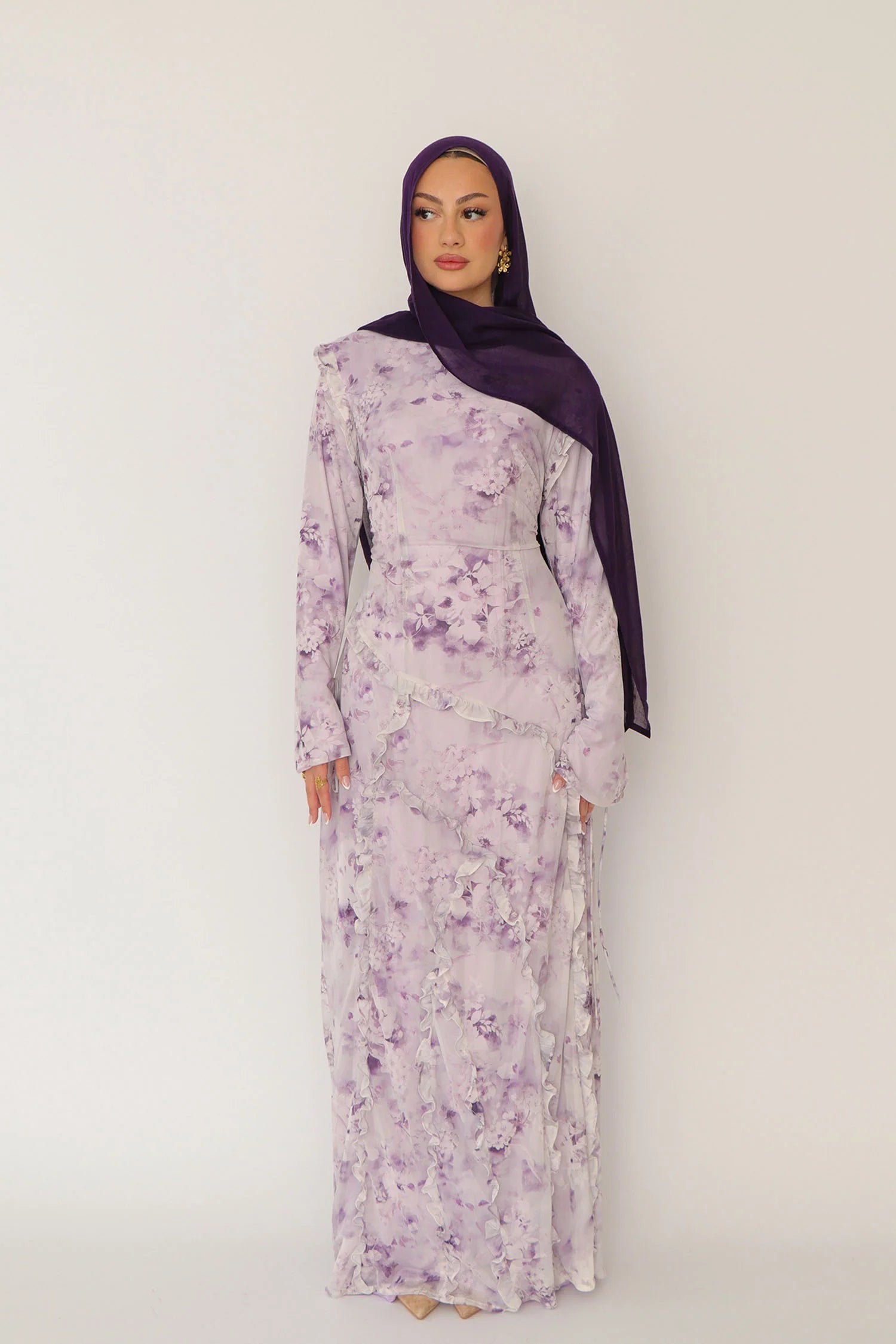 Salma Asymmetric Ruffle-Trim Floral Maxi-Purple