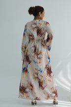 Large Floral Print Bell Sleeve Maxi Dress-White