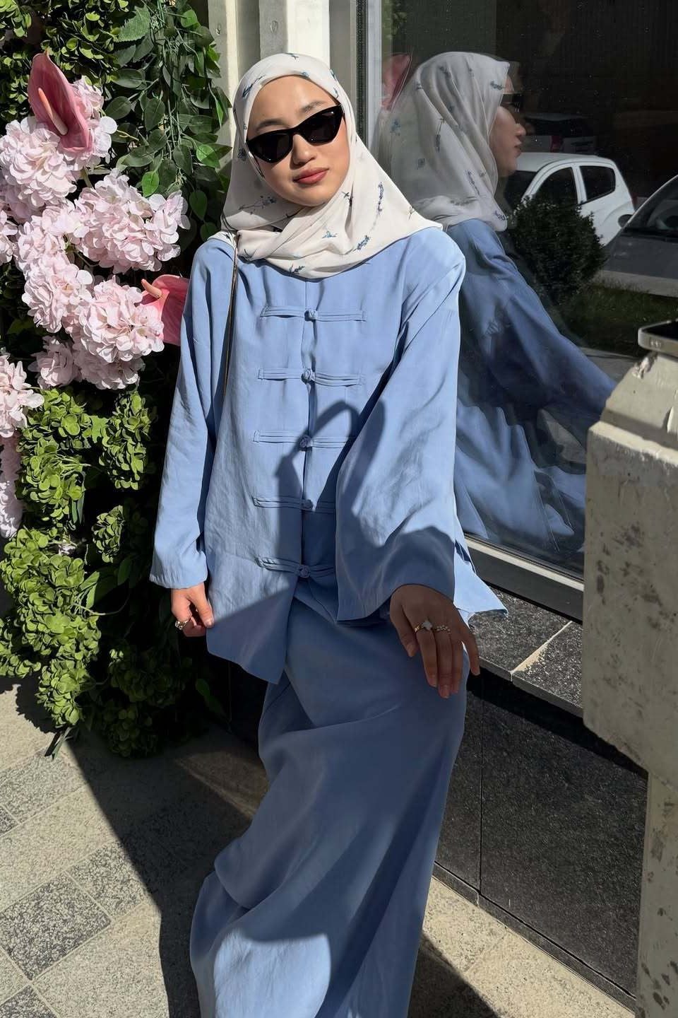 Mandarin Collar Knot-Button Modest Two-Piece Co-Ord Set-Blue