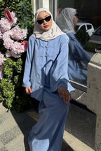 Mandarin Collar Knot-Button Modest Two-Piece Co-Ord Set-Blue