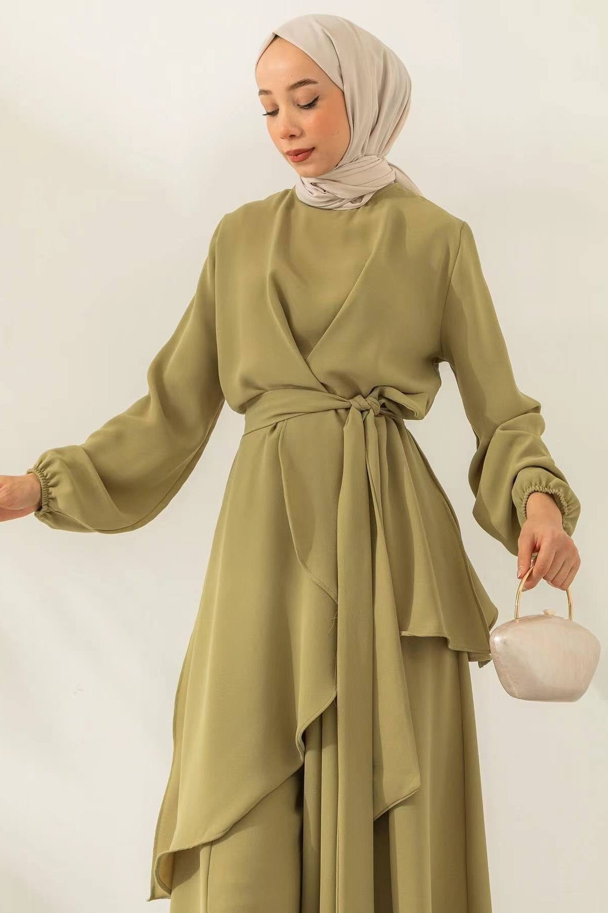 Asymmetrical Wrap Tunic & Wide-Leg Trouser Chiffon Set-Green