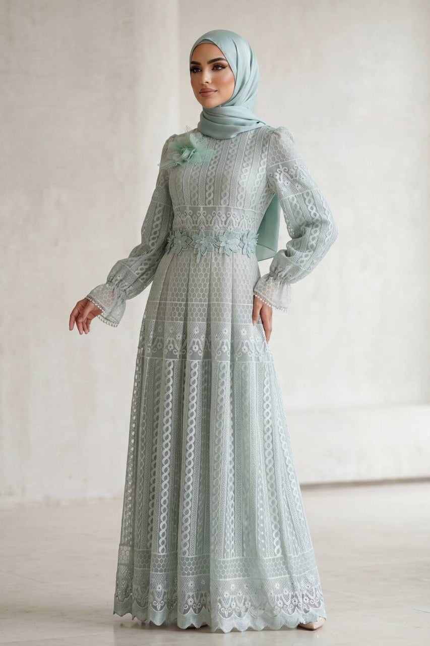 Double-Layer Lace Embroidered Maxi Dress-Green