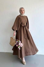 Lantern Sleeve Tunic & Full-Sweep Maxi Skirt Elegant Set-Brown