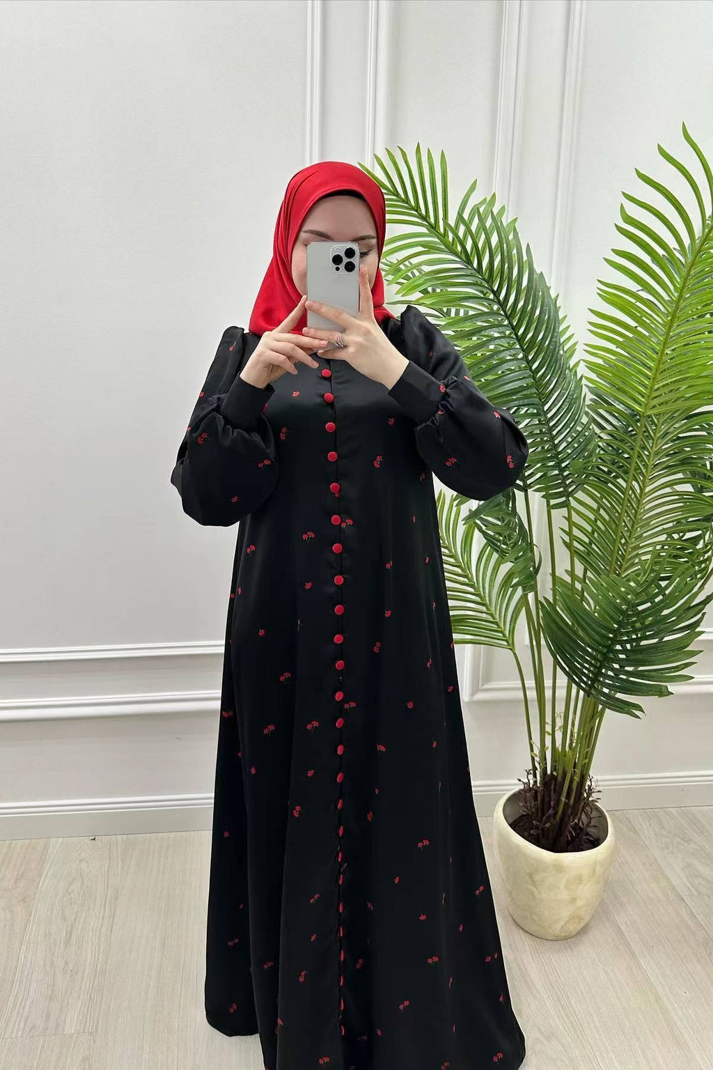 Contrast Button Floral Satin Maxi Abaya Dress