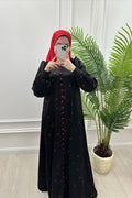 Contrast Button Floral Satin Maxi Abaya Dress