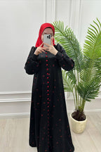 Contrast Button Floral Satin Maxi Abaya Dress