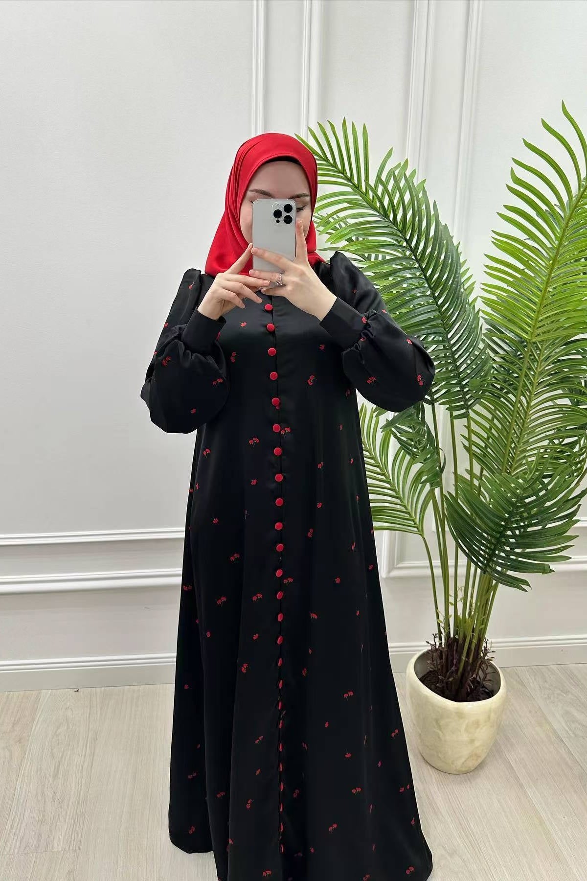 Contrast Button Floral Satin Maxi Abaya Dress