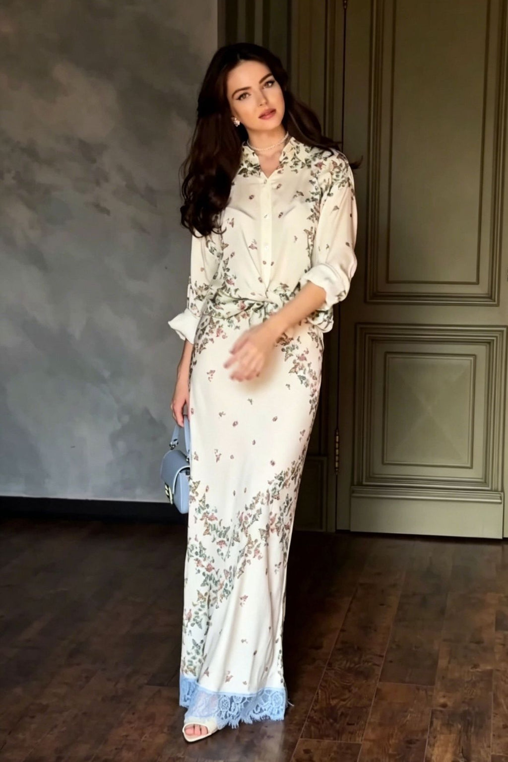 Botanical Print Front-Tie Blouse and Lace-Trim Maxi Skirt Two-Piece Set