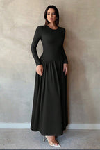 Minimalist Pleated Slim-Fit Maxi Dress-Black