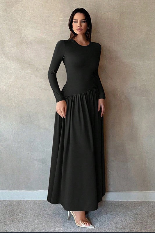 Minimalist Pleated Slim-Fit Maxi Dress-Black