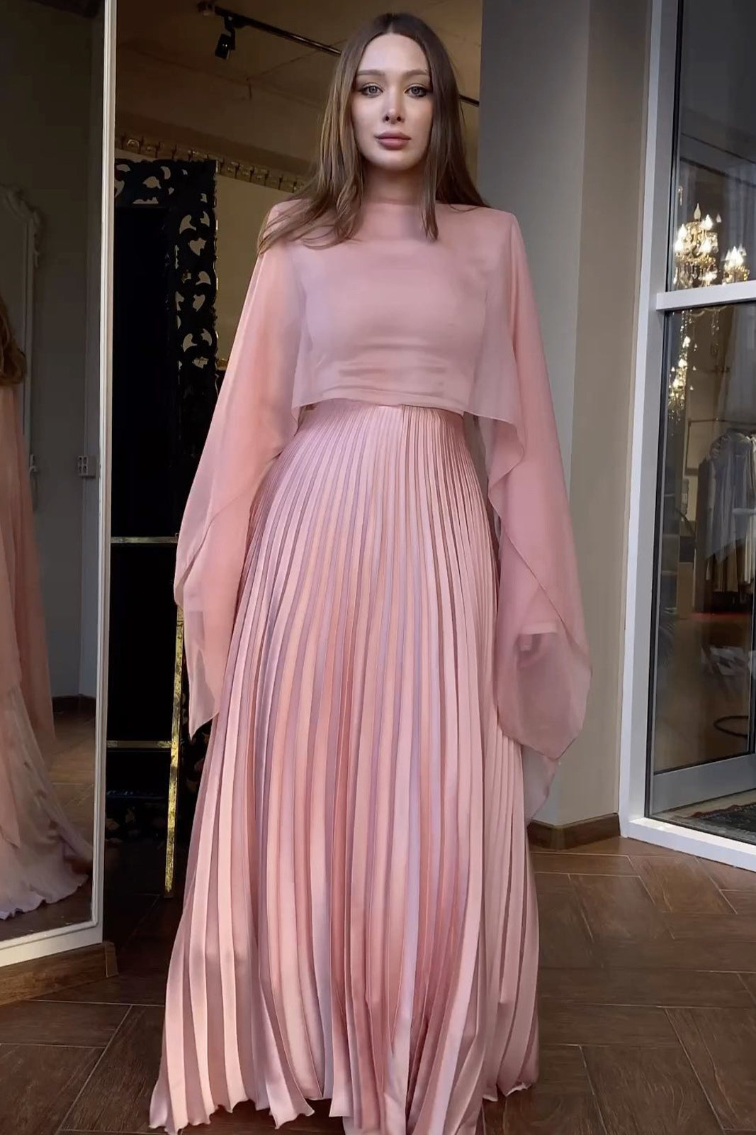 Lina Cape Overlay Pleated Maxi Dress