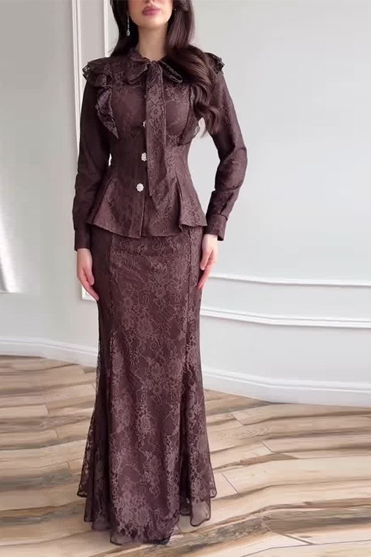 Lace Ruffle Peplum Mermaid Skirt Set-Brown
