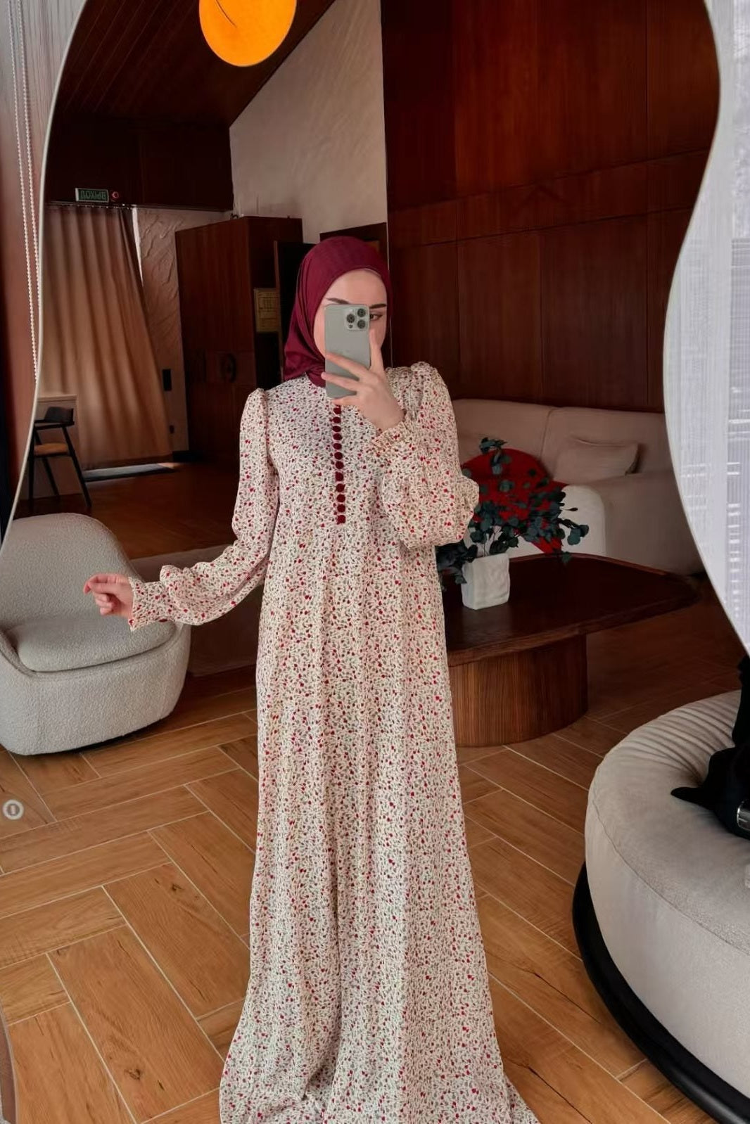 Vintage Floral Print Long Sleeve A-Line Maxi Dress