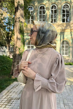 Elegant Slim-Fit Cinched Waist Maxi Abaya Dress-Apricot